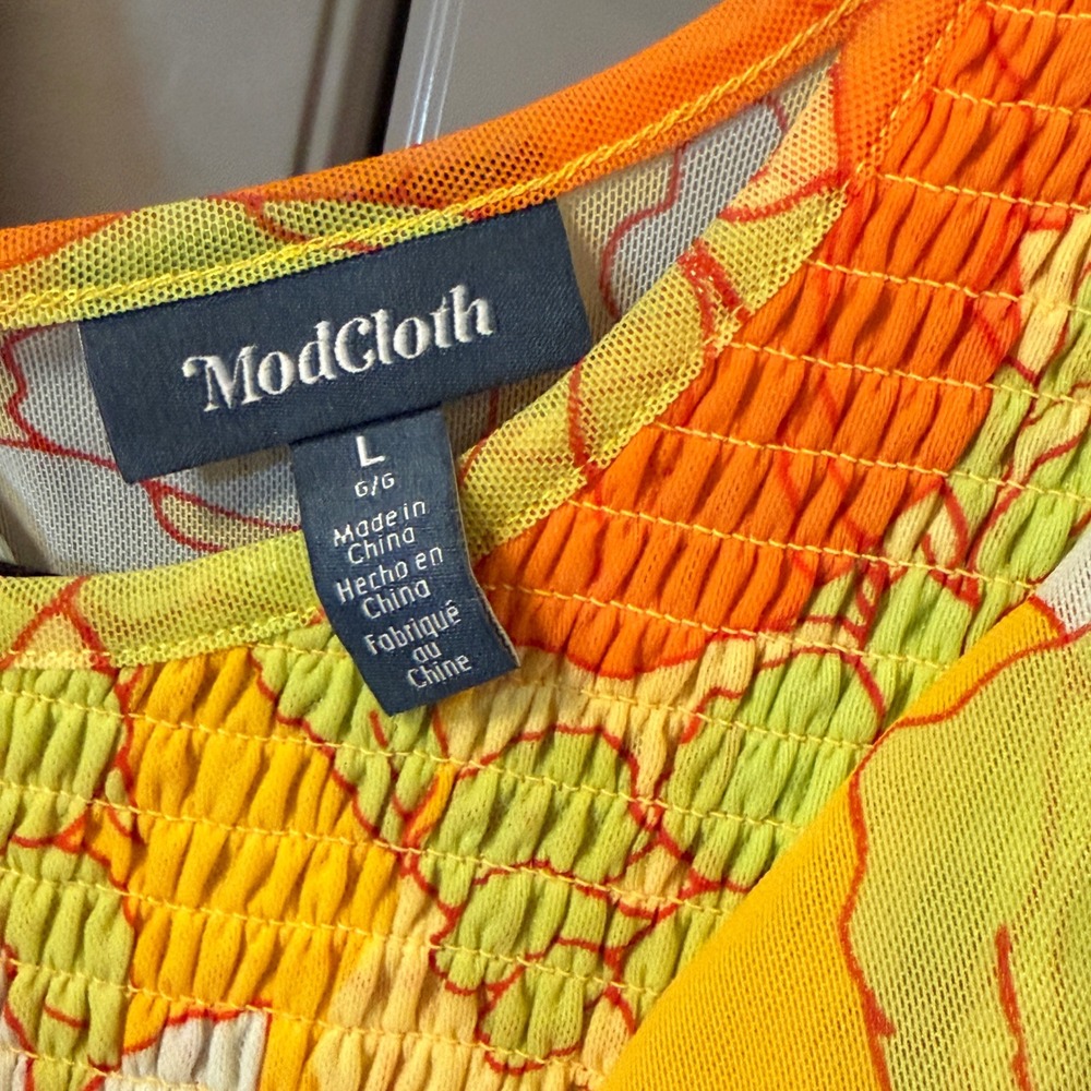 ModCloth Retro That Tropical 'Frilling' Mesh Mini Dress, Yellow Orange, L(NWT) - Picture 3 of 16